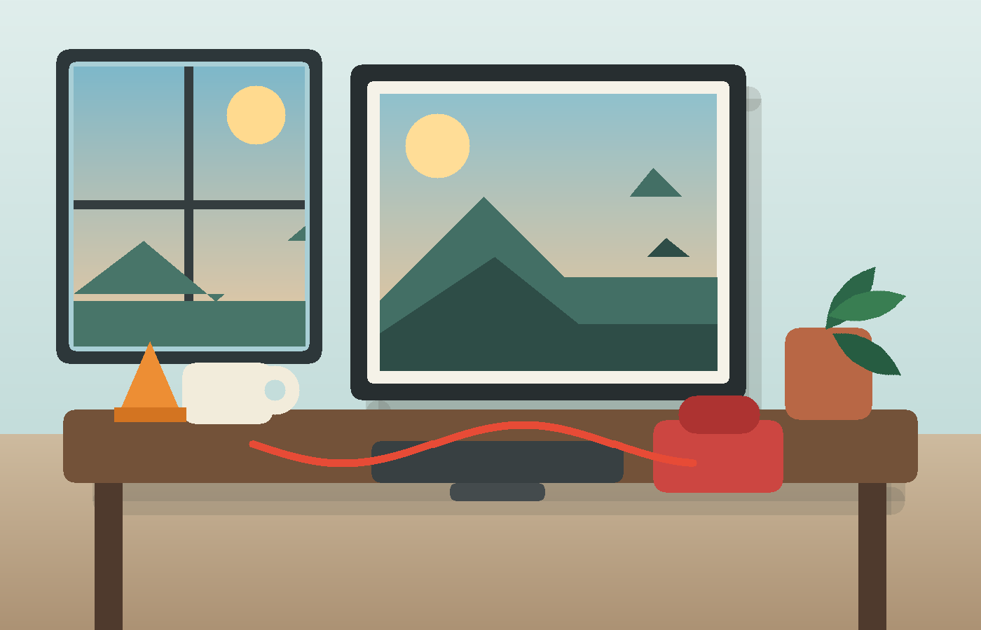 Creative desk with a bag, cable, and cone creating visual clutter